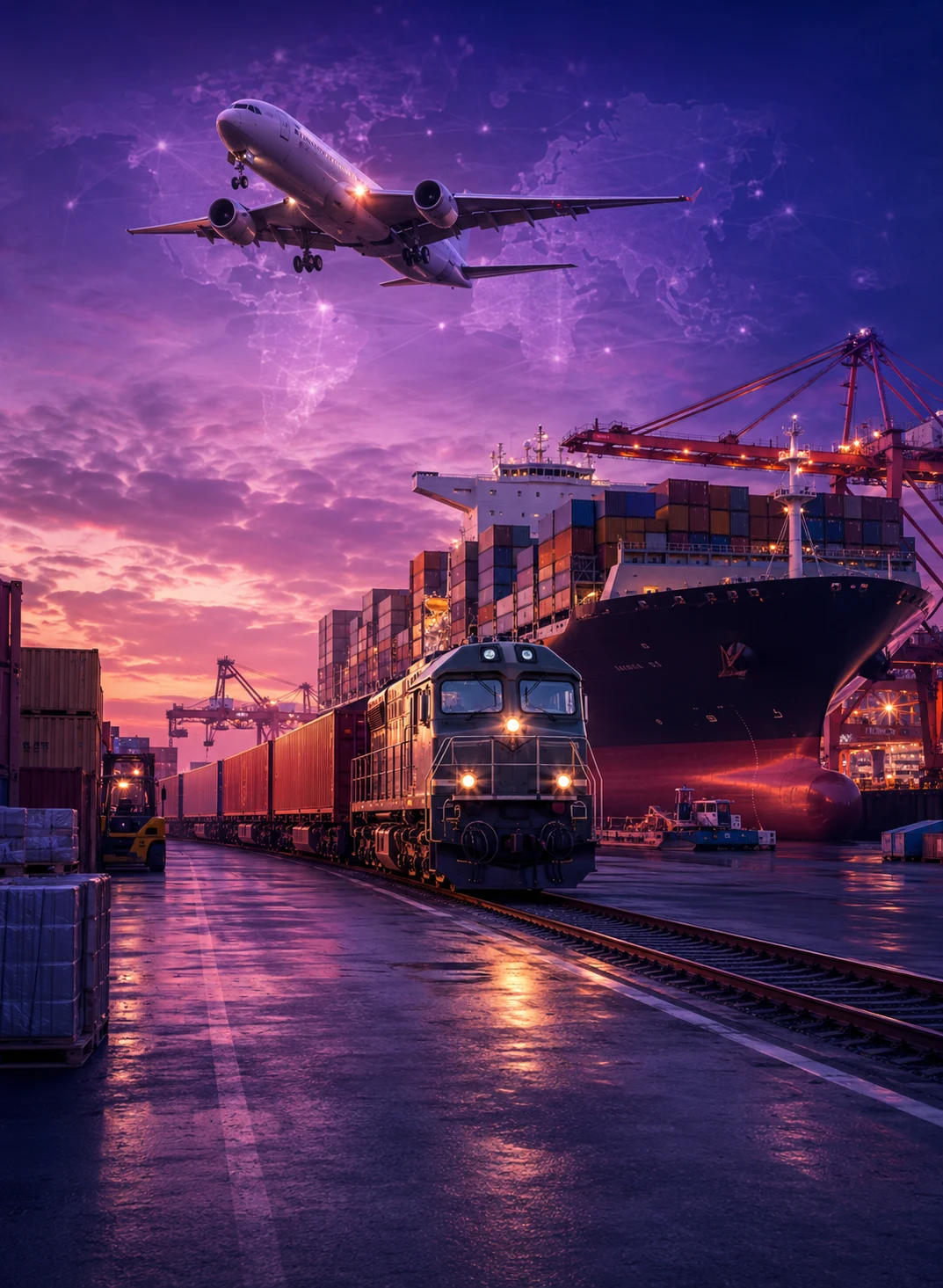 Transport internațional coordonat de SWG cu avion, camion, tren și navă cargo